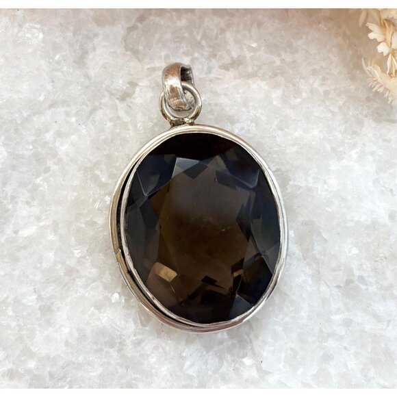 Smokey Quartz Gemstone Faceted Gemstone Sterling Silver 925 Vintage Pendant - Picture 1 of 8